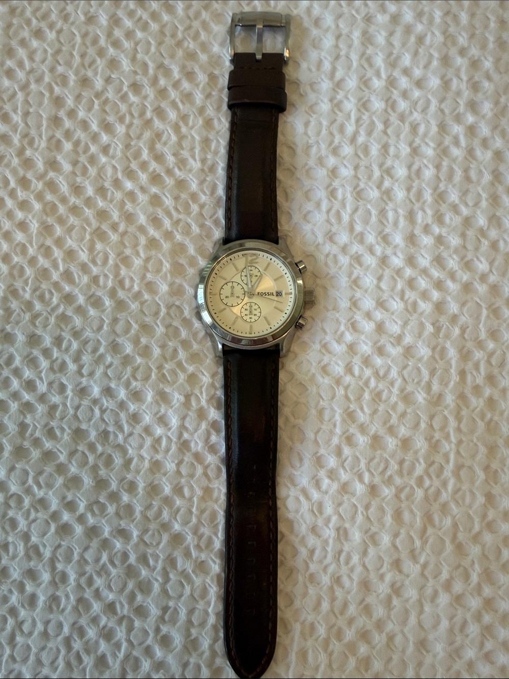 Fossil Men's Silver Dial Watch with Dark Brown Leather Strap